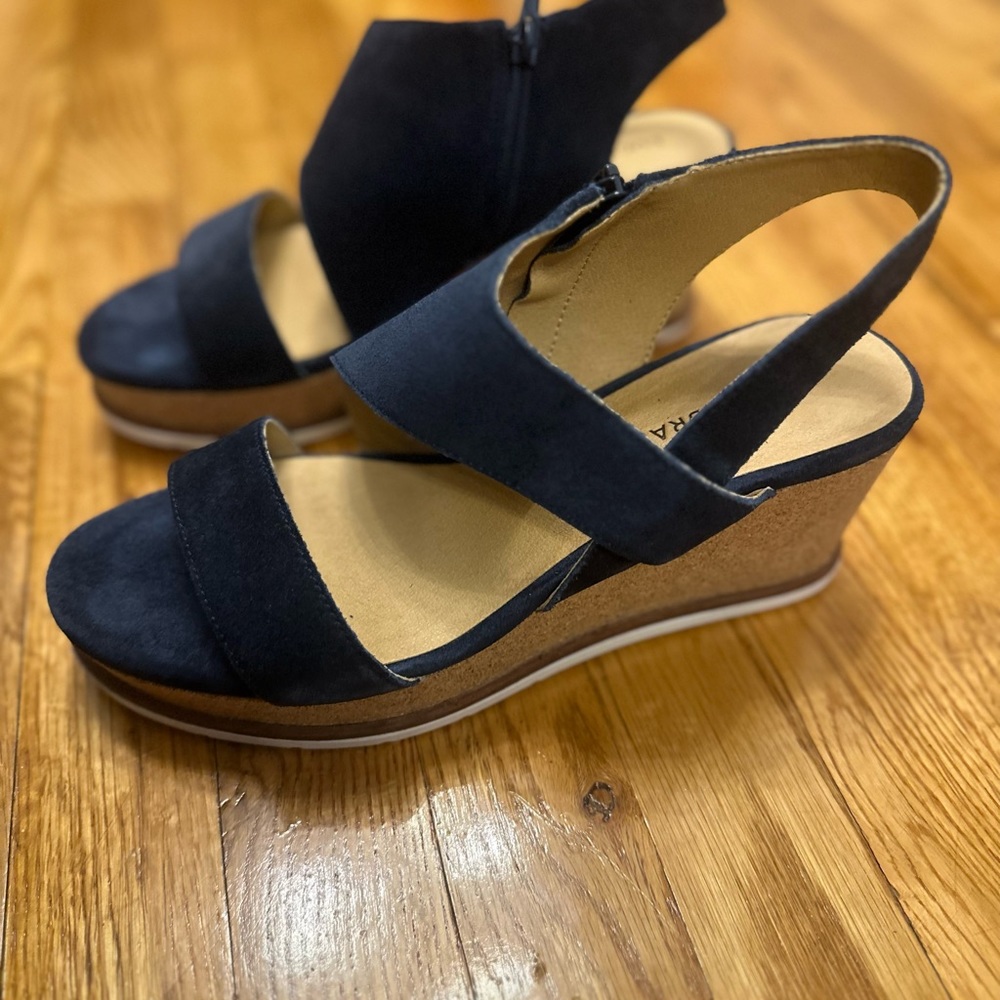 Brand New Navy Suede Wedge Sandal